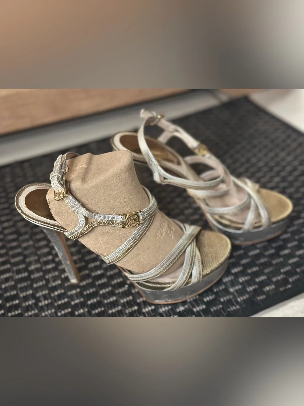 Michael Kors “Cicely” Silver & Gold Leather Strappy Platform Stiletto Heels